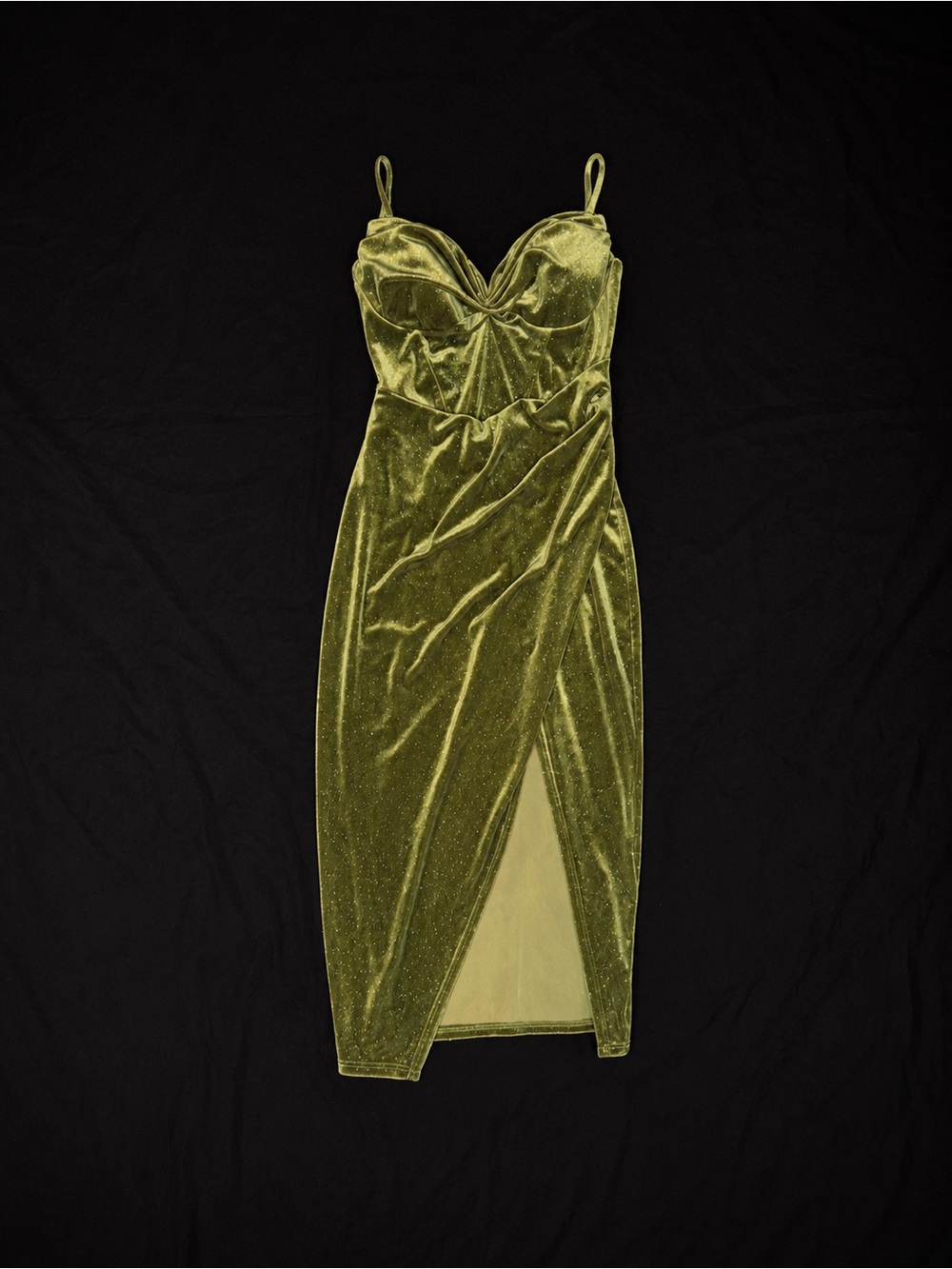 January 7 Olive Velvet Midi Slip Dress with Front Draped Slit